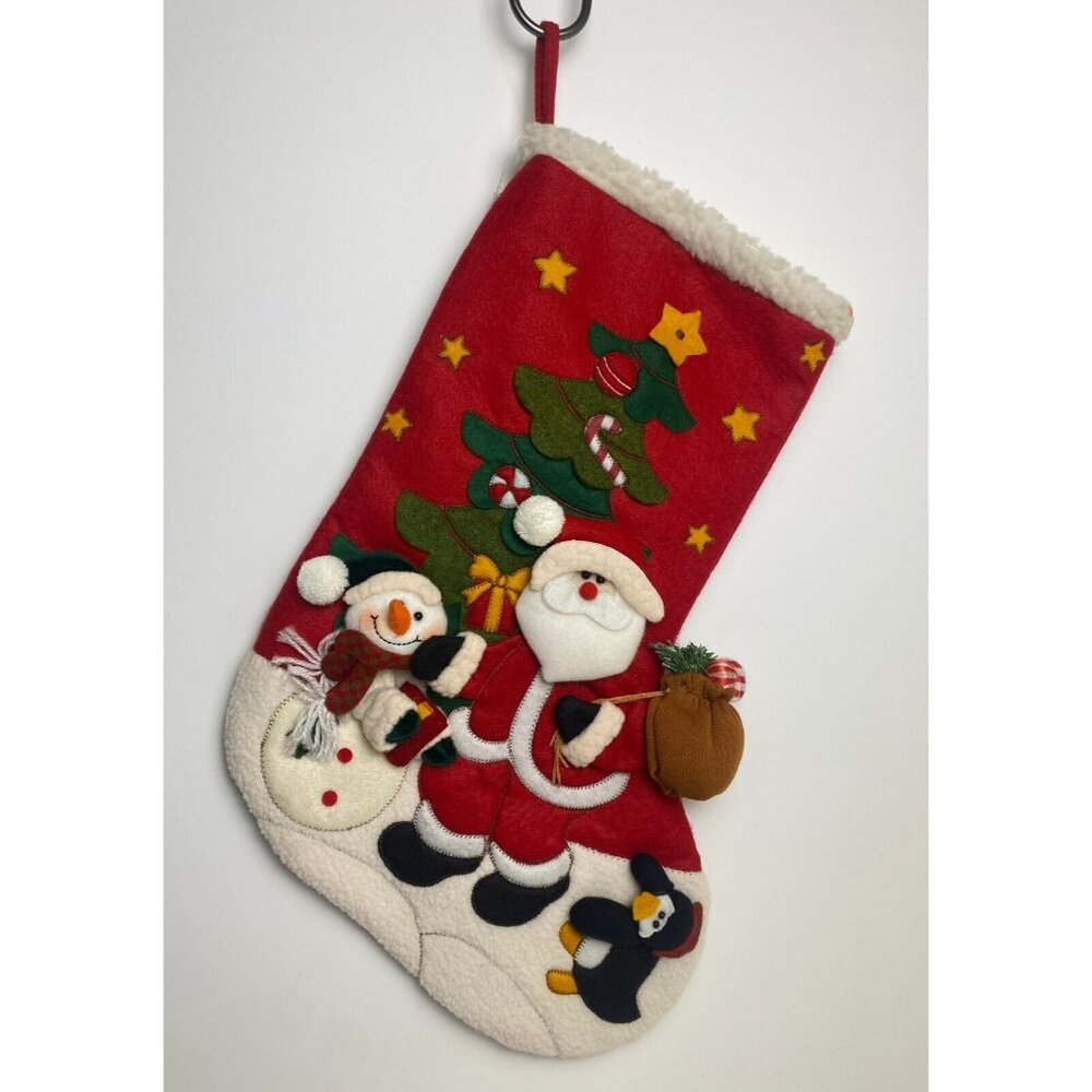 Christmas Stocking Red 18" Santa And Friends Appliqué Snowman Penguin Tree